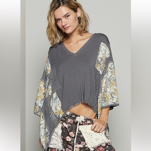 POL Tops - POL Charcoal Floral Patchwork Tunic